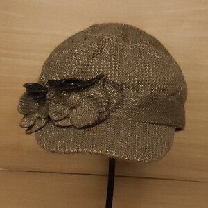 Fair Weather Gold Tan Shimmer Newsboy Hat Cap Flower Detail